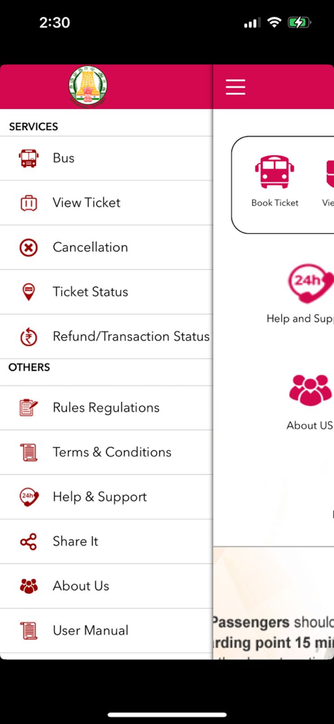 TNSTC - Navigation menu of the TNSTC official bus booking app showing available services