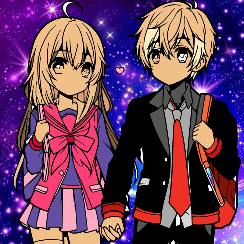 anime girl and anime boy hold hands