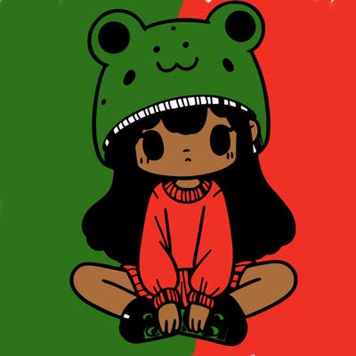 a girl wearing a frog hat and some frog socks