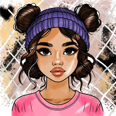 realistic girl with buns in her hair with a beanie on