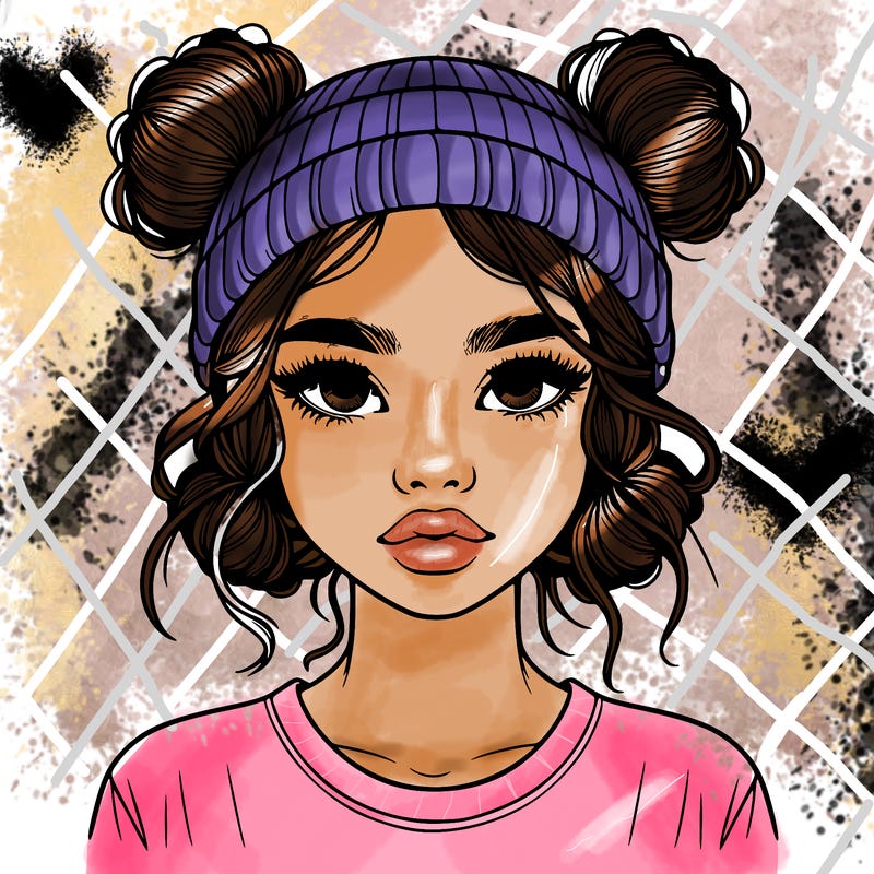 realistic girl with buns in her hair with a beanie on