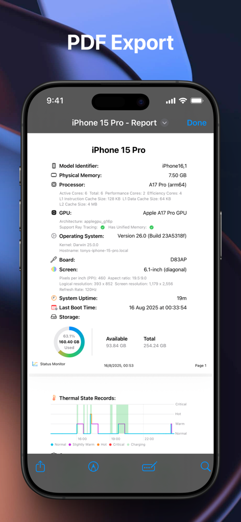 Exportação de relatório detalhado de status de sistema e hardware em PDF