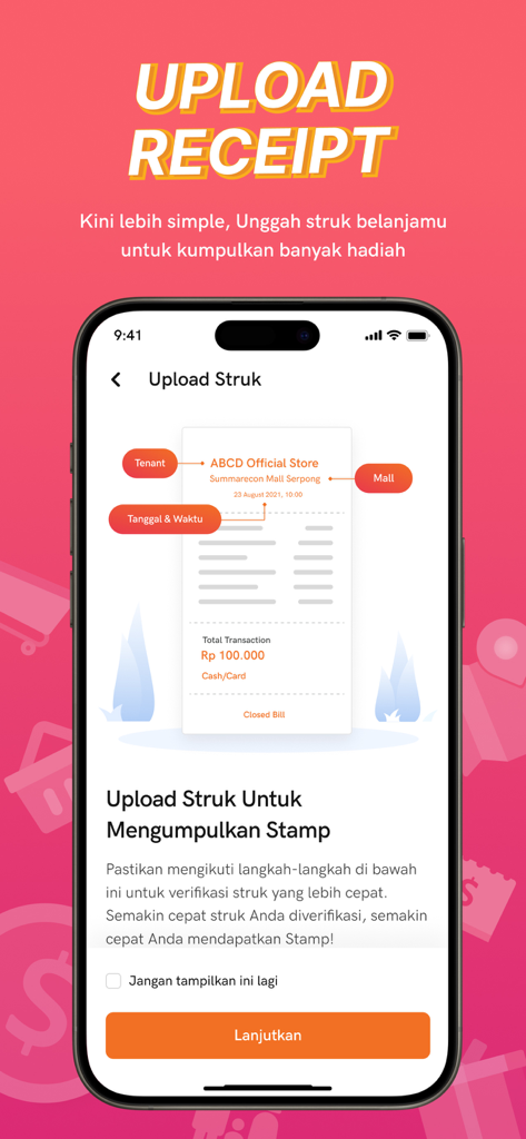 Summarecon Mall - Mobile interface of Summarecon Mall app showing the instructions for uploading shopping receipts to earn loyalty stamps.