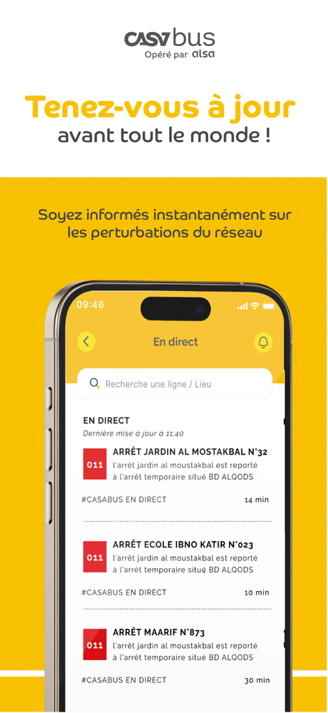 CASABUS - CASABUS app screenshot showing real-time bus network disruption alerts