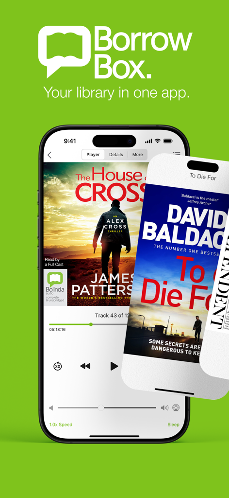 BorrowBox - BorrowBoxアプリのインターフェース。ベストセラータイトルが表示された電子オーディオブックプレイヤーがスマートフォンに表示されている。