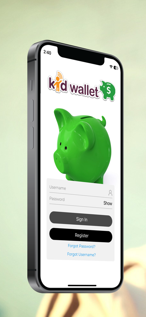 Kid Wallet - Kid Wallet mobile app login screen featuring a green piggy bank icon