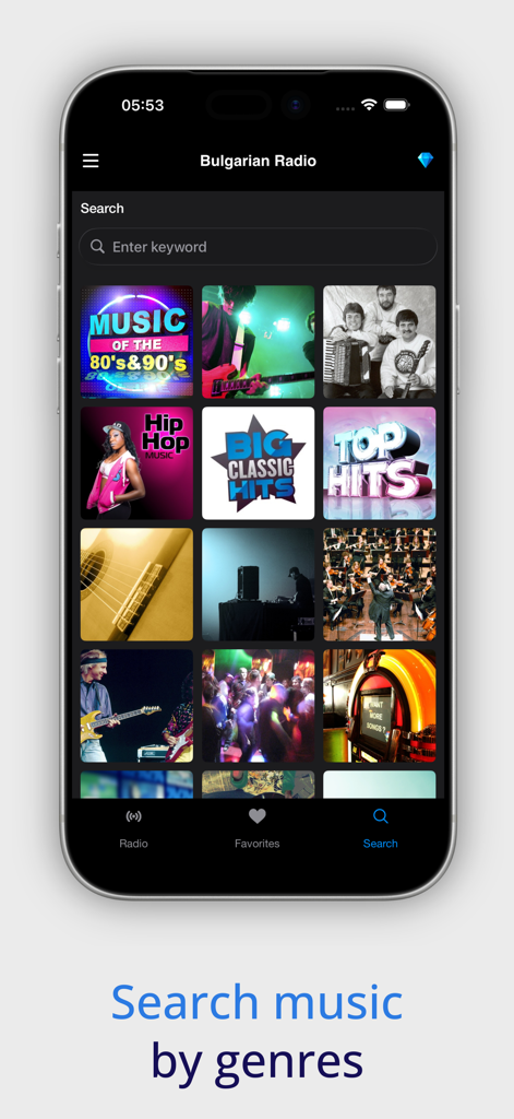 Suchbildschirm der Bulgarisches Radio Online App, der Kacheln für Musikgenres wie 80er-Hits und Hip-Hop zeigt