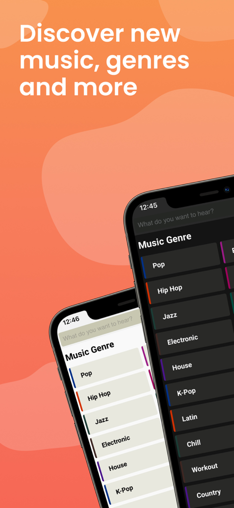 Musi Player app interface showing various music genres like Pop, Hip Hop, and K-Pop in light and dark mode themes