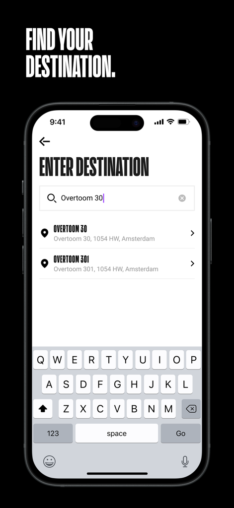 Check app destination search screen showing address suggestions in Amsterdam