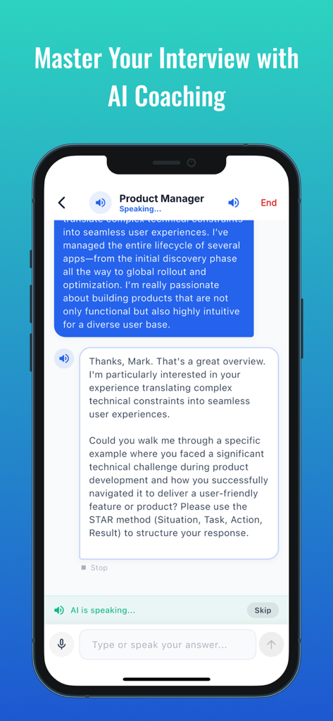 Resume Builder: CV Maker & AI - プロダクトマネージャー職向けのAI面接コーチングセッションを表示するスマートフォン画面