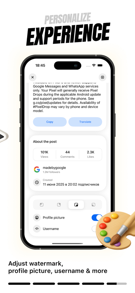Repost Instant #Repost - Personalization settings for Instagram reposts in the Repost Instant app showing watermark and profile picture toggles