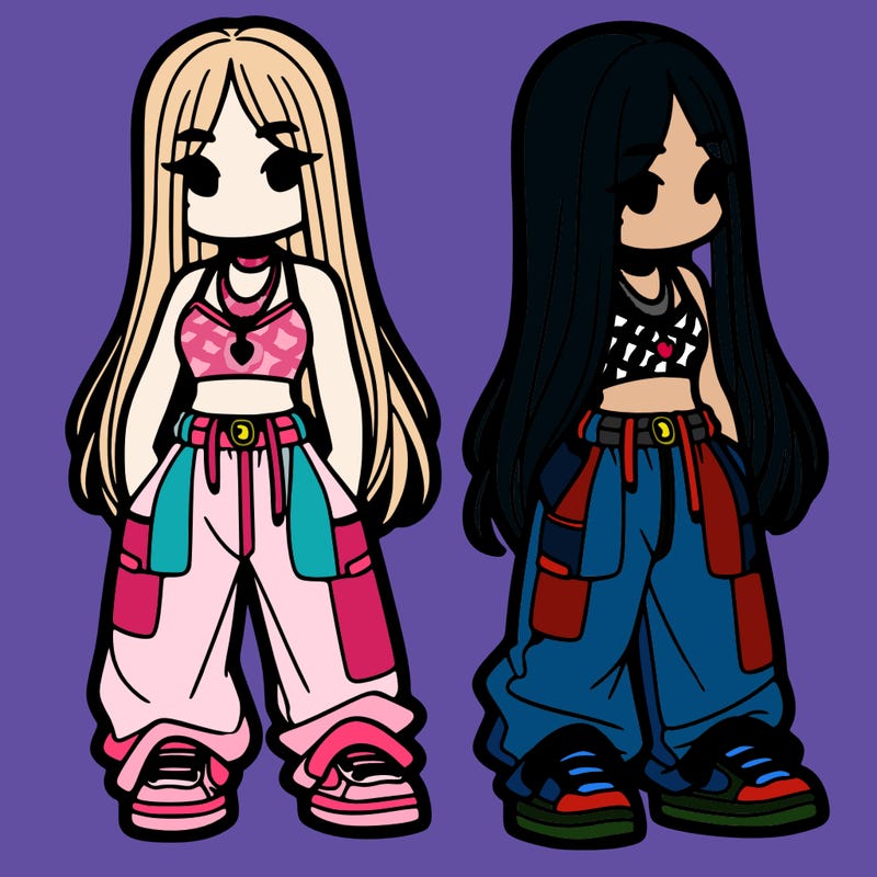 girl in baggy pants crop top and long hair