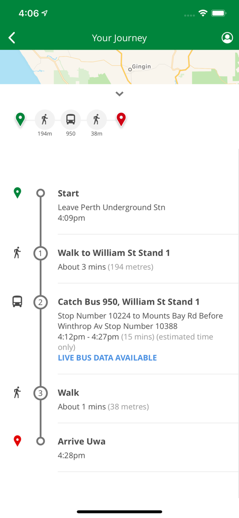 A screenshot of the Transperth app displaying a step by step journey plan to UWA including bus and walking segments.