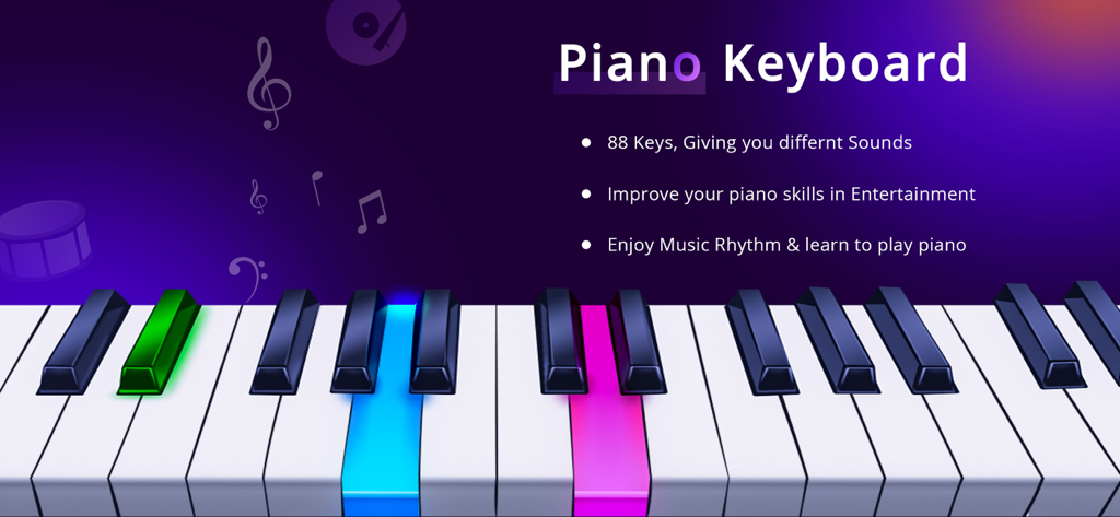 Eine virtuelle Klaviertastaturoberfläche mit 88 Tasten und farblich beleuchteten Noten auf violettem Hintergrund