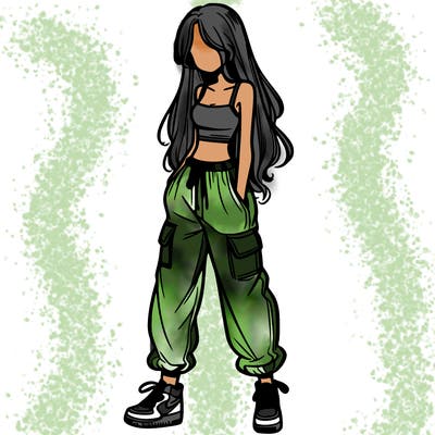 girl in baggy pants crop top and long hair