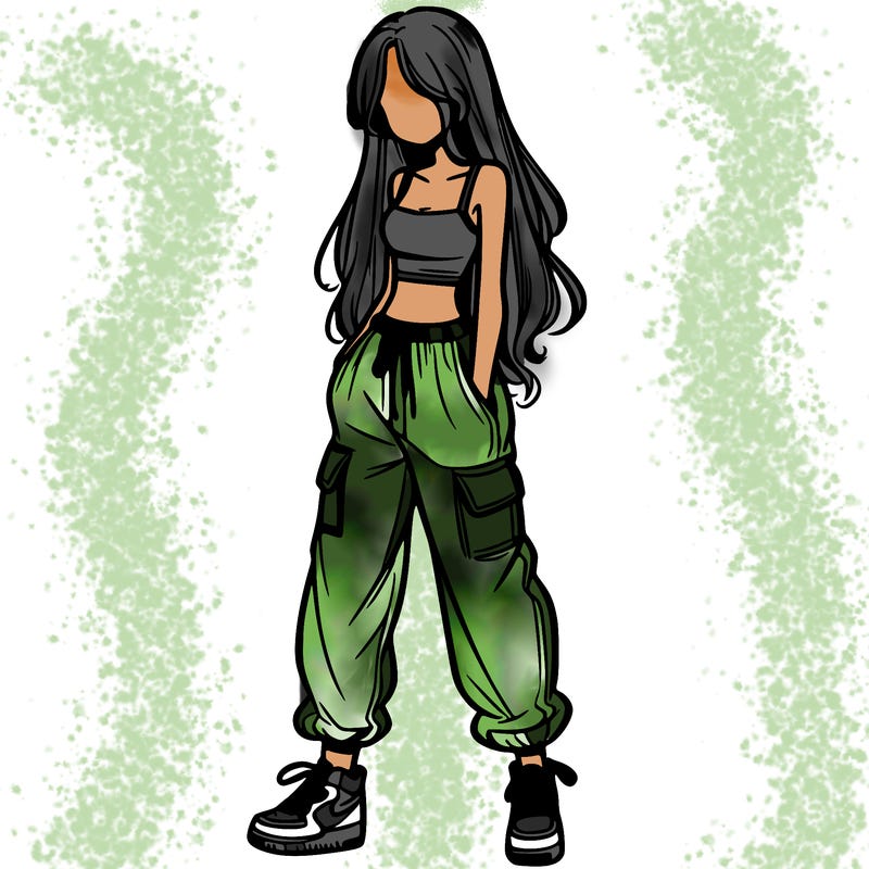 girl in baggy pants crop top and long hair