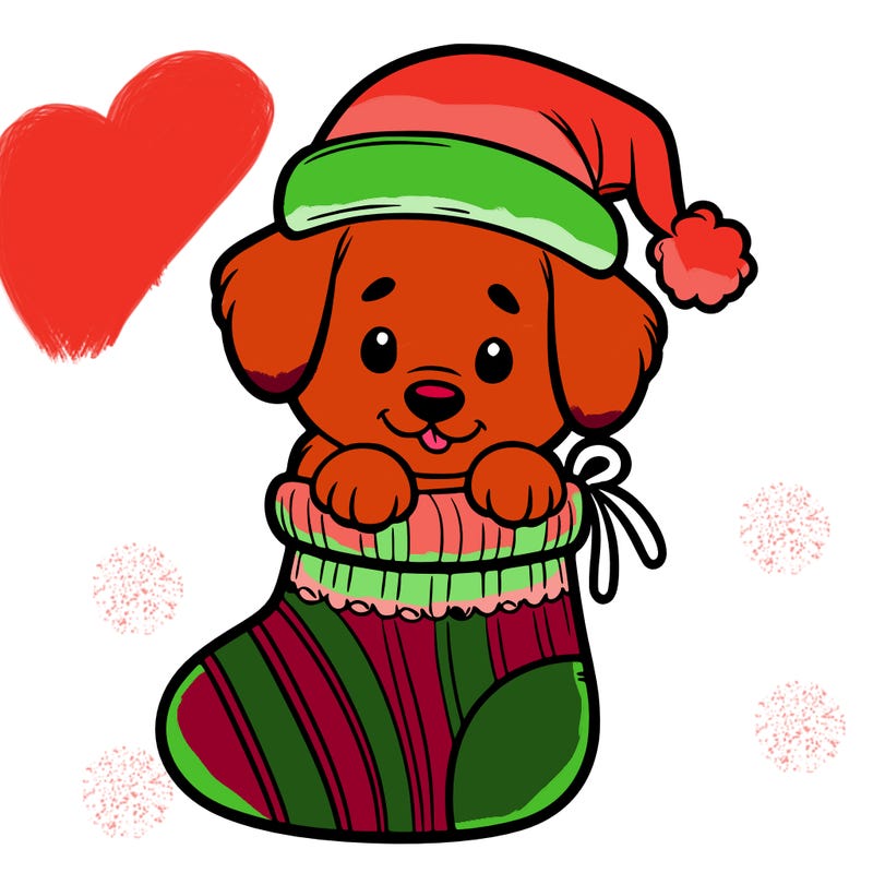 cute puppy wearing santa hat in socking