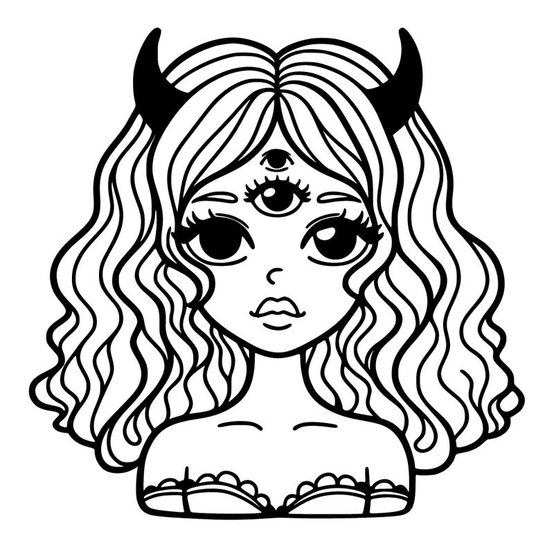 a woman with 3 eyes her hair is curled and she has horns