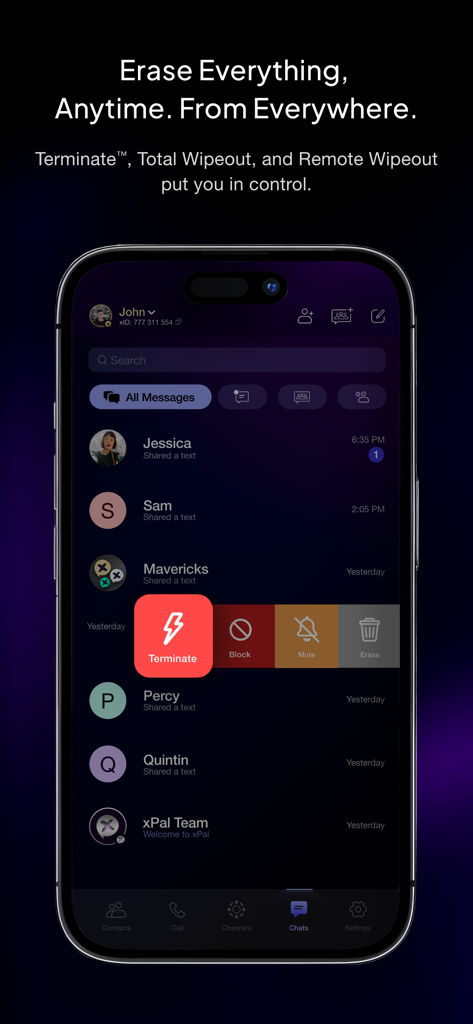 xPal Ultra Secure Messenger - Interface of xPal messenger app showing the Terminate feature to permanently erase messages