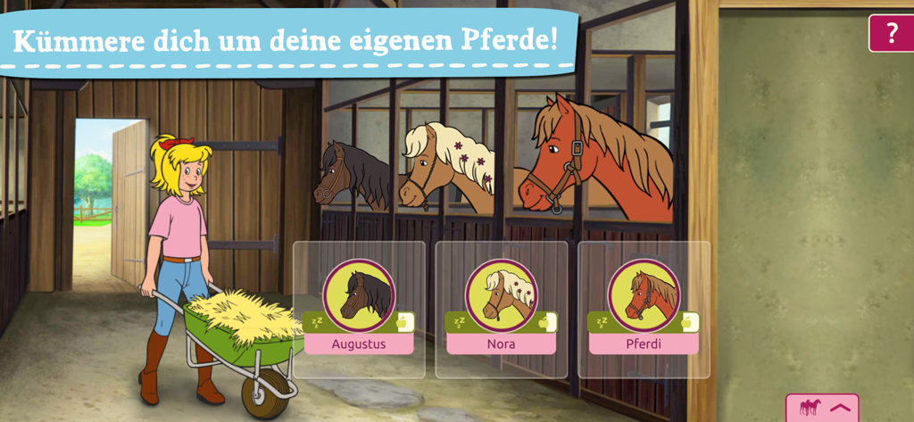 A cartoon girl pushes a wheelbarrow of hay in a stable with horses named Augustus, Nora, and Pferdi.