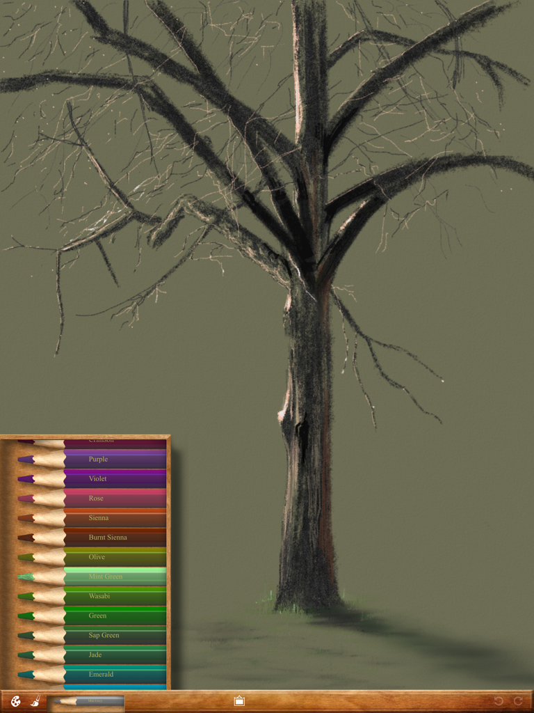 Peinture numérique d'un arbre sur iPad utilisant l'application Art Set avec des crayons de couleur réalistes