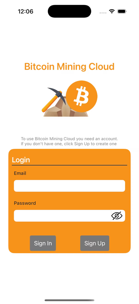 Écran de connexion pour l'application Bitcoin Mining Cloud présentant un formulaire d'e-mail et de mot de passe avec des boutons de connexion et d'inscription