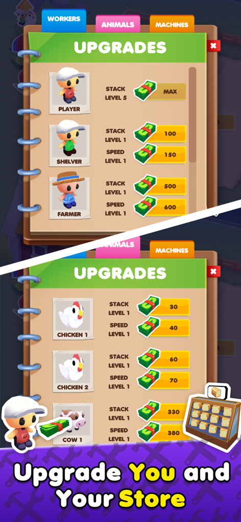 Capture d'écran du jeu MicroTown.io montrant les menus de mise à niveau des ouvriers et des animaux