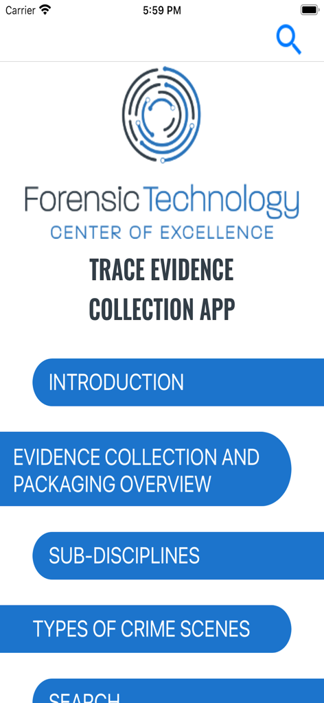 Hauptmenü der Trace Evidence Collection App mit Schaltflächen für die Beweissammlung und Tatortleitfäden.