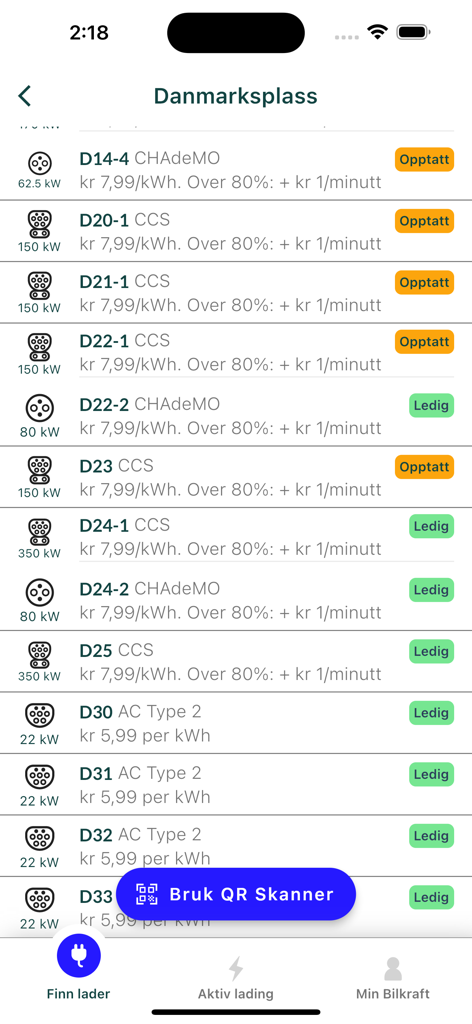 Bilkraft app screen displaying a list of available electric vehicle charging stations with power output and pricing