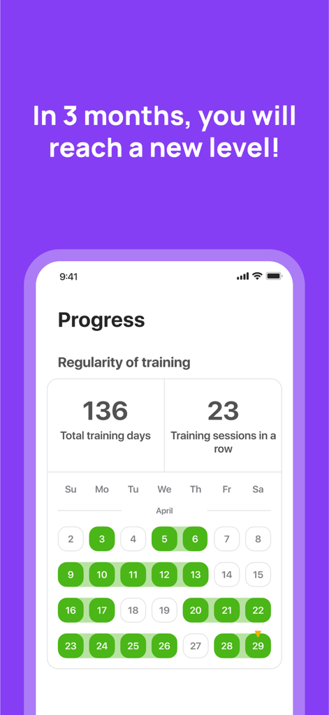 App screen showing training regularity and progress calendar for English learning