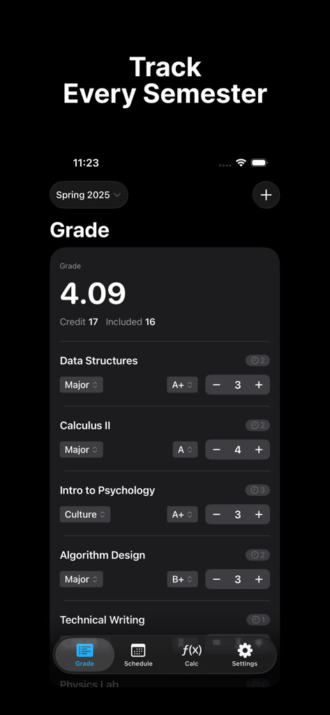 A Plus - GPA & Grade Tracker - A Plus app interface showing semester GPA and list of college courses