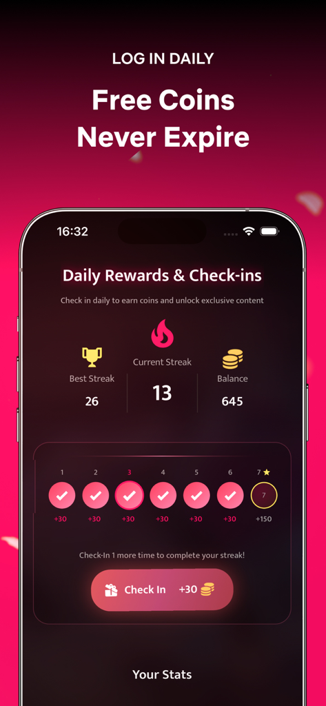 BlinkToon app screen showing the daily rewards and login check-in system with a coin balance and streak tracker