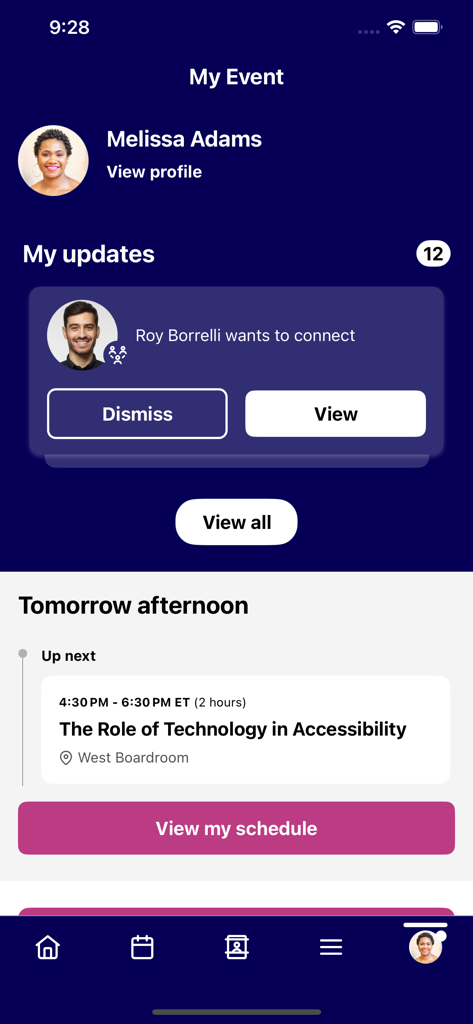 Cvent Events - Cvent Events app interface showing a user dashboard with networking requests and an upcoming event schedule session on technology in accessibility