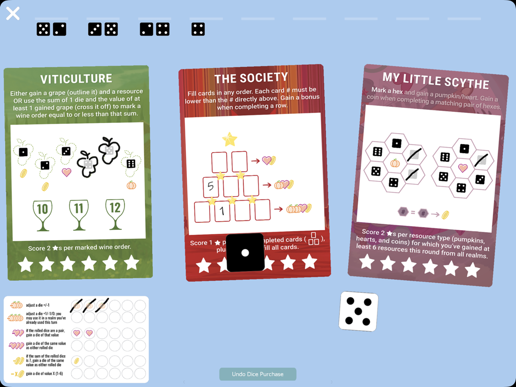Rolling Realms - Digital board game interface showing three realm cards and dice gameplay
