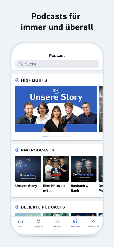 LVZ - Nachrichten und Podcast - Podcast interface of the LVZ Nachrichten app featuring German news and story podcasts