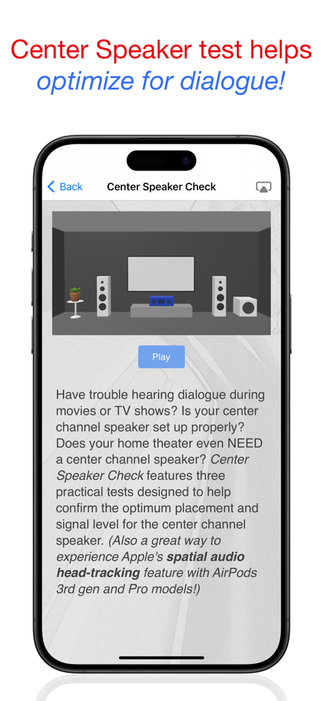 ホームシアターのダイアログを最適化するためのセンタースピーカーチェック画面