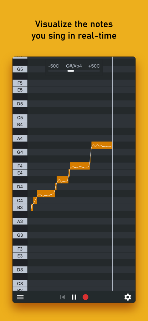 Nail the Pitch - Vocal Monitor - A real-time pitch graph visualization showing vocal notes on a musical scale in the Nail the Pitch app.
