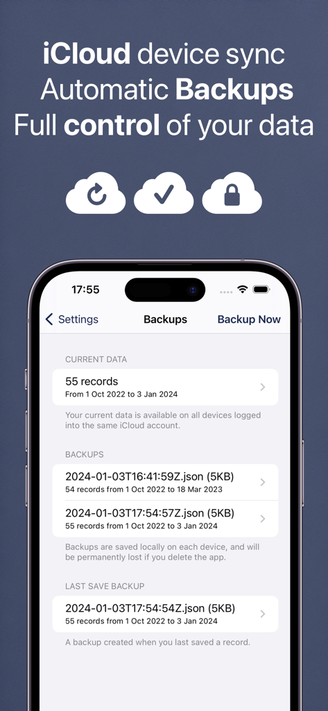 Feeltracker app interface displaying iCloud device sync and automatic data backup options