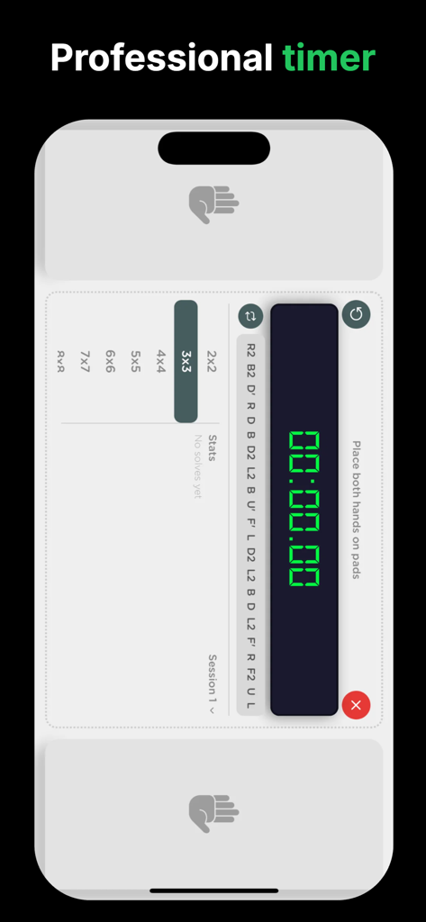 Rubix Cube Solver and Guide - Professional speedcubing timer interface with digital display and touch pads for starting and stopping