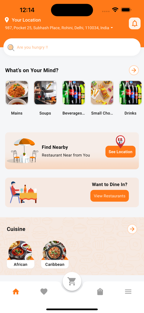 Africaribana Go - Tela inicial do aplicativo Africaribana Go com categorias de comida africana e caribenha e opções de entrega
