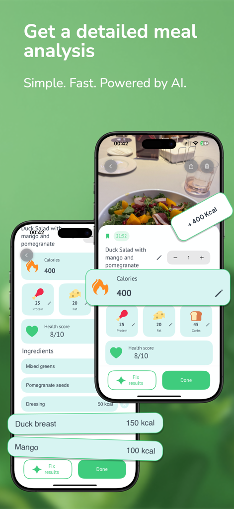Nutreasy app interface showing a detailed AI calorie and macro breakdown of a salad