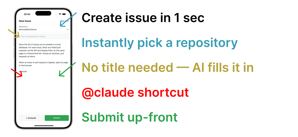 QuickIssue - Write issues fast - Interfaz de la aplicación QuickIssue que muestra la creación rápida de issues de GitHub con títulos de IA y acceso directo a Claude