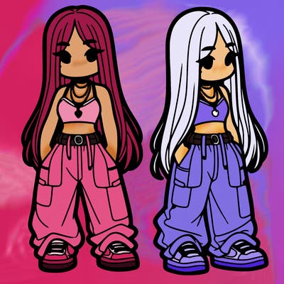 girl in baggy pants crop top and long hair