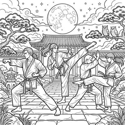 Witness the focus and grace of martial artists training under a beautiful night sky, illuminated by a full moon. This intricate coloring page invites you to bring this powerful, serene scene to life.