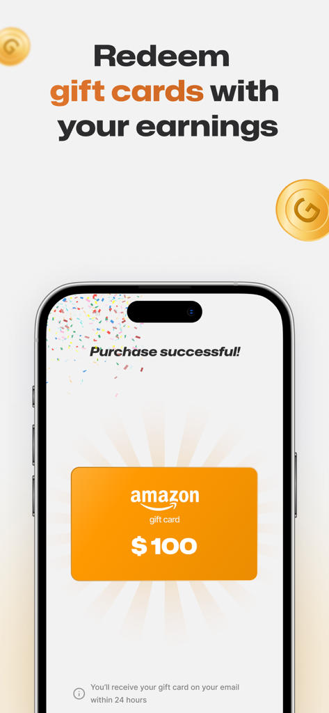 Fitmint: Walk & Steps tracker - A mobile phone screen showing a successful redemption of a one hundred dollar Amazon gift card in the Fitmint app