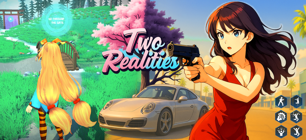 Grand Impact : The Anime Saga - Promotional artwork for Grand Impact anime saga showing two different game worlds with action characters and a sports car