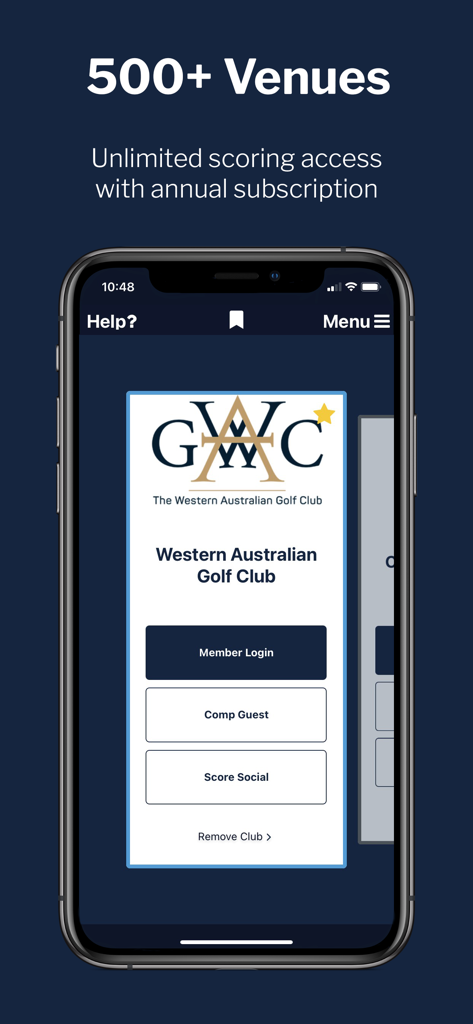 MiScore app interface showing the Western Australian Golf Club login screen with options for member login and guest scoring