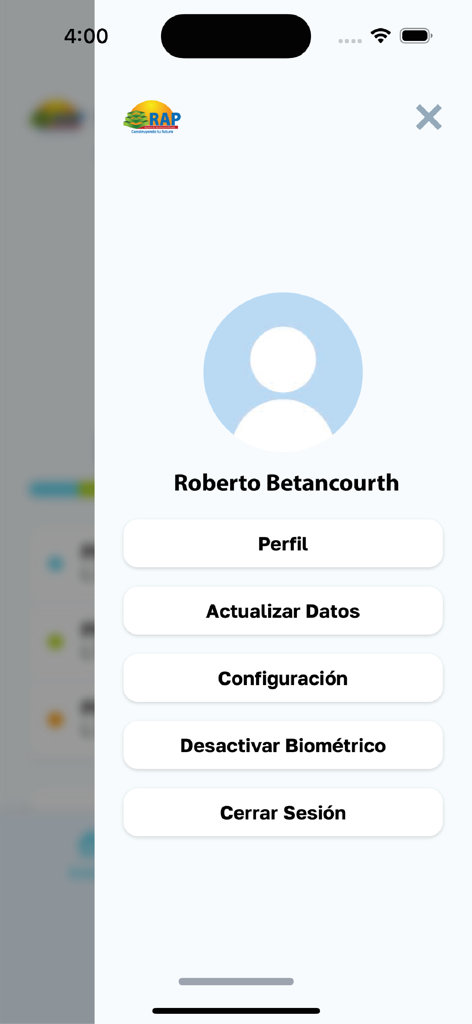 RAP App - Menu de perfil e configurações do usuário no aplicativo RAP