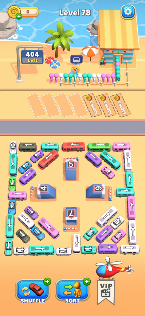 Bus Mania - Car Parking Jam - Un nivel de puzzle con temática de playa en Bus Mania que muestra coches y autobuses de colores en un aparcamiento con pasajeros esperando para abordar vehículos coincidentes.