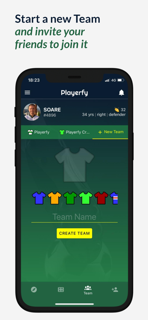 Playerfy - ジャージの選択とチーム名のオプションを使用して新しいチームを開始するためのPlayerfyモバイルアプリの画面。